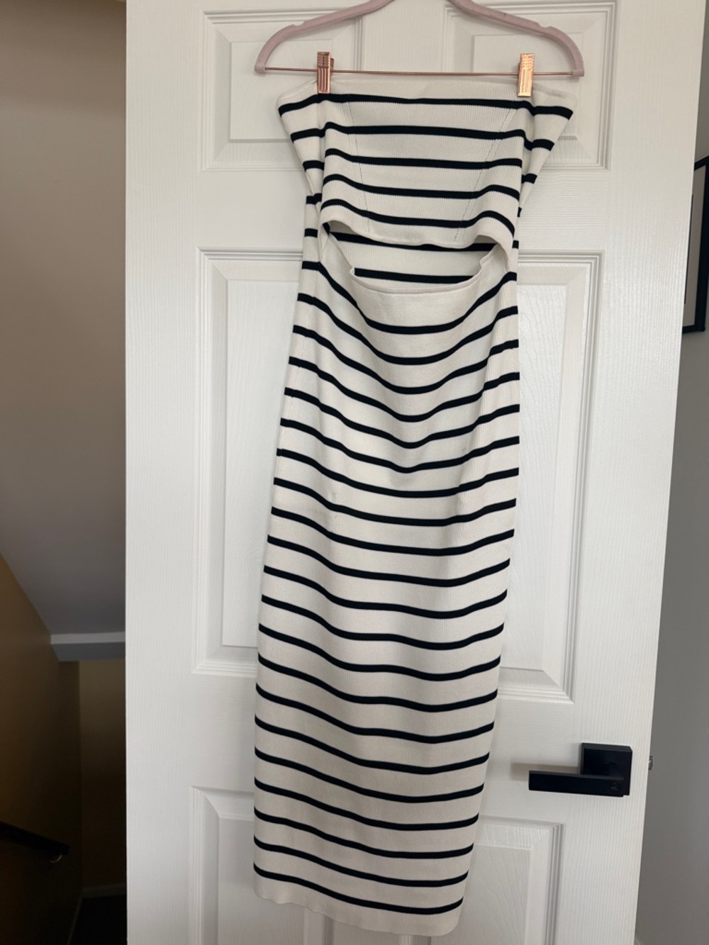 Striped Strapless Midi Dress in Cream and Black